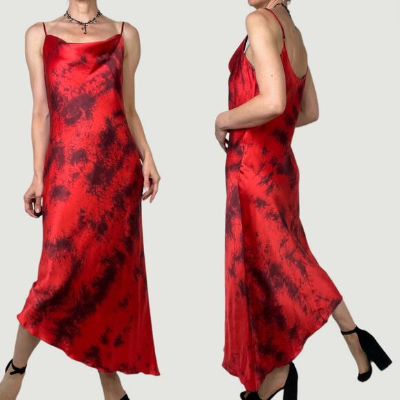 Arden B 100%‎ silk satin dress asymmetrical tie dye red midi maxi vintage Y2K M - Picture 3 of 13